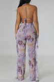 Purple Sexy Print Bandage Patchwork See-through Backless Swimsuit Three Piece Set