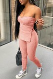 Pink Sexy Casual Solid Backless Slit Strapless Sleeveless Two Pieces