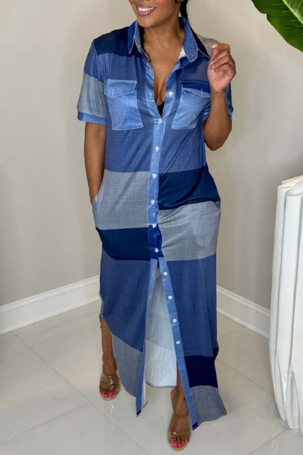 Blue Casual Print Patchwork Shirt Collar Long Dress Dresses