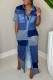 Blue Casual Print Patchwork Shirt Collar Long Dress Dresses