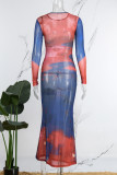 Red Blue Casual Print Basic O Neck Long Sleeve Dresses