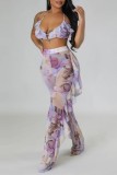 Purple Sexy Print Bandage Patchwork See-through Backless Swimsuit Three Piece Set