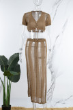 Khaki Sexy Leopard Hollowed Out High Opening Cross Straps U Neck Short Sleeve Two Pieces