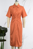 Orange Casual Solid Slit Turndown Collar Shirt Dress Dresses