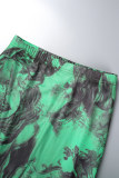 Green Sexy Print Hollowed Out Patchwork O Neck Long Sleeve Two Pieces