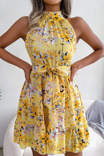 Yellow Sweet Print Patchwork Frenulum Flounce Half A Turtleneck Waist Skirt Dresses
