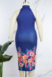 Blue Plus Size Patchwork Printing Halter Sleeveless Dress Plus Size Dresses