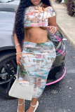 Multicolor Street Print Patchwork O Neck Short Sleeve Two Pieces
