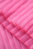 Rose Red Casual Solid Patchwork Fold Mesh O Neck Half Sleeve Two Pieces