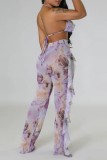 Purple Sexy Print Bandage Patchwork See-through Backless Swimsuit Three Piece Set