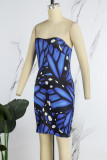 Blue Sexy Print Patchwork Backless Strapless One Step Skirt Dresses