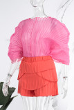 Rose Red Casual Solid Patchwork Fold Mesh O Neck Half Sleeve Two Pieces