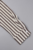 White Brown Sexy Striped Patchwork Slit Turndown Collar Wrapped Skirt Dresses(Without Belt )