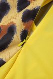 Yellow Elegant Leopard Hollowed Out Slit O Neck Wrapped Skirt Dresses