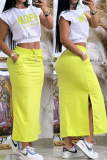 Yellow Casual Letter Patchwork Slit O Neck Short Sleeve Two Pieces