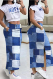 Blue White Casual Letter Patchwork Slit O Neck Short Sleeve Two Pieces