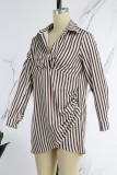 White Brown Sexy Striped Patchwork Slit Turndown Collar Wrapped Skirt Dresses(Without Belt )