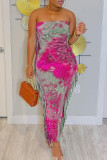 Rose Red Casual Print Tassel Patchwork Strapless Wrapped Skirt Dresses
