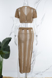 Khaki Sexy Leopard Hollowed Out High Opening Cross Straps U Neck Short Sleeve Two Pieces