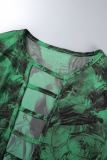 Green Sexy Print Hollowed Out Patchwork O Neck Long Sleeve Two Pieces