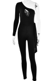 Black Sexy Solid Hollowed Out Patchwork Frenulum Oblique Collar Skinny Jumpsuits