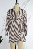 White Brown Sexy Striped Patchwork Slit Turndown Collar Wrapped Skirt Dresses(Without Belt )