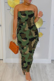 Camouflage Casual Print Tassel Patchwork Strapless Wrapped Skirt Dresses