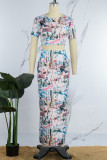 Multicolor Street Print Patchwork O Neck Short Sleeve Two Pieces