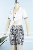 White Casual Print Patchwork Turndown Collar Short Sleeve Two Pieces