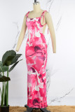 Pink Elegant Print Frenulum Backless Spaghetti Strap One Step Skirt Dresses
