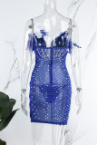 Blue Sexy Party Formal Hot Drilling See-through Beading V Neck Sheath Dresses