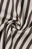 White Brown Sexy Striped Patchwork Slit Turndown Collar Wrapped Skirt Dresses(Without Belt )