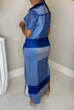 Blue Casual Print Patchwork Shirt Collar Long Dress Dresses