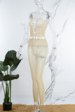 Khaki Sexy Solid Hollowed Out Patchwork See-through Strapless Sleeveless Two Pieces