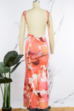 Pink Elegant Print Frenulum Backless Spaghetti Strap One Step Skirt Dresses