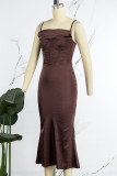 Brown Sexy Casual Solid Backless Square Collar Sling Dress Dresses