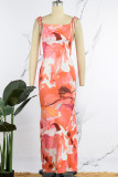 Pink Elegant Print Frenulum Backless Spaghetti Strap One Step Skirt Dresses
