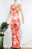 Pink Elegant Print Frenulum Backless Spaghetti Strap One Step Skirt Dresses