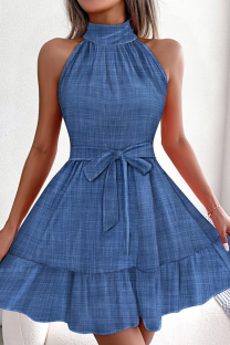 Blue Sweet Print Patchwork Frenulum Flounce Half A Turtleneck Waist Skirt Dresses