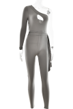 Grey Sexy Solid Hollowed Out Patchwork Frenulum Oblique Collar Skinny Jumpsuits