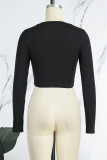 Black Casual Solid Basic O Neck Tops