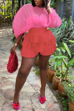Rose Red Casual Solid Patchwork Fold Mesh O Neck Half Sleeve Two Pieces