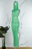Blue Sexy Solid See-through Hooded Collar Long Dress Dresses