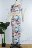 Multicolor Street Print Patchwork O Neck Short Sleeve Two Pieces