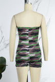 Camouflage Street Camouflage Print Hollowed Out Patchwork Metal Accessories Decoration Backless Strapless Skinny Rompers