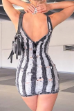 Grey Sexy Striped Ripped Patchwork Backless Spaghetti Strap One Step Skirt Dresses