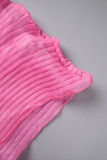 Rose Red Casual Solid Patchwork Fold Mesh O Neck Half Sleeve Two Pieces