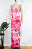 Pink Elegant Print Frenulum Backless Spaghetti Strap One Step Skirt Dresses
