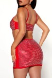 Red Sexy Patchwork Hot Drilling Backless Spaghetti Strap Sleeveless Two Pieces