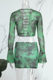 Green Sexy Print Hollowed Out Patchwork O Neck Long Sleeve Two Pieces